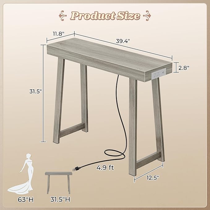 Huuger Entryway Console Table with Charging Station, USB-C Port, 39.4 Inch Sofa Table with Metal Legs, Entry Hallway Table with Thicker Desktop, Modern Behind Couch Table, Grey