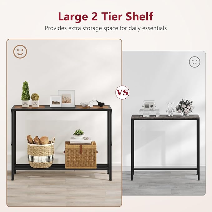 Tajsoon Console Table 41.8”, 2-Tier Industrial Entryway Table, Narrow Entrance Sofa Table with Shelves, Hallway, Living Room, Foyer, Corridor, Office, Rustic Brown and Black