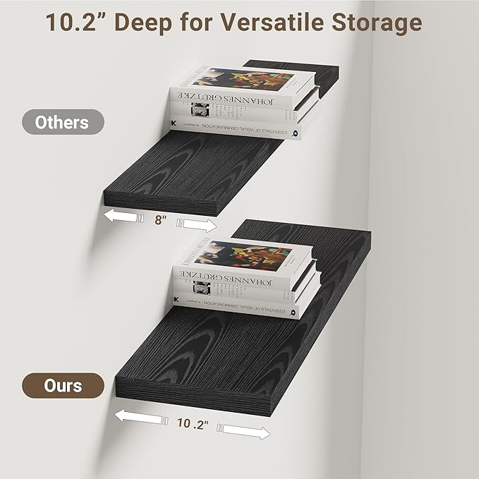 Vivelove 24 Inches Floating Shelves Wall Mounted, 10" Deep Wall Shelves for Bedroom, Bathroom, Living Room, Kitchen, Office, Home Decor, Modern Shelf, Set of 2, Black, 24x10.2x1.5