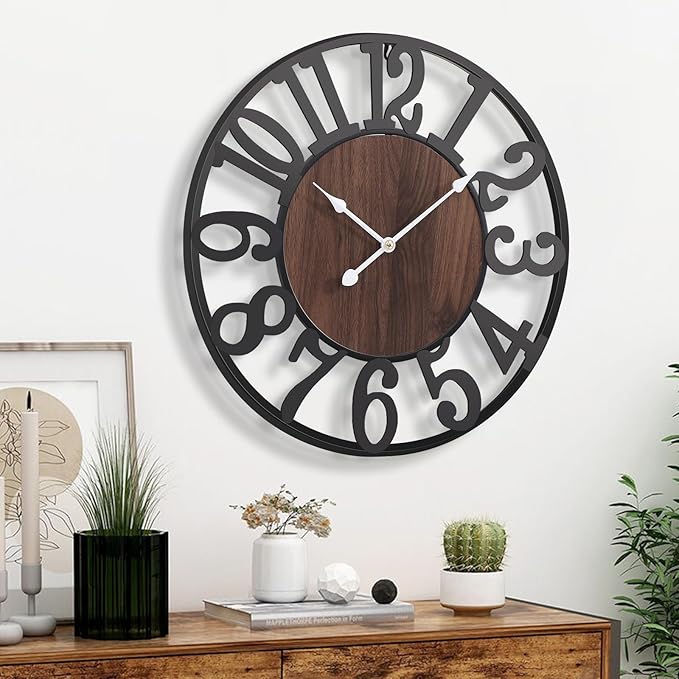 Vantic 24 Inch Large Wall Clock, Arabic Numeral Wood Oversized Wall Clocks for Living Room Decor, Farmhouse, Bedroom and Kitchen, Completely Silent, Non Ticking, Battery Operated