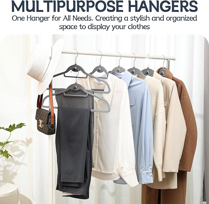 Velvet Hangers 50 Pack, Non Slip Stackable Clothes Hangers with Cascading Hooks, Ultra Thin and Space Saving Felt Hangers with Tie Bar, 360° Swivel Hooks, Heavy Duty for Suit Coat Shirt Pant- Gray