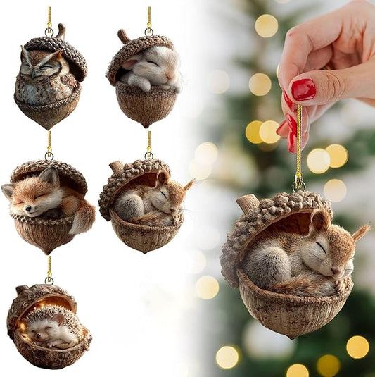 5 Piece 2D Flat Design Forest Animal Christmas Ornaments, Acrylic Woodland Creatures, Pine Cone and Acorn Hanging Decorations for Home