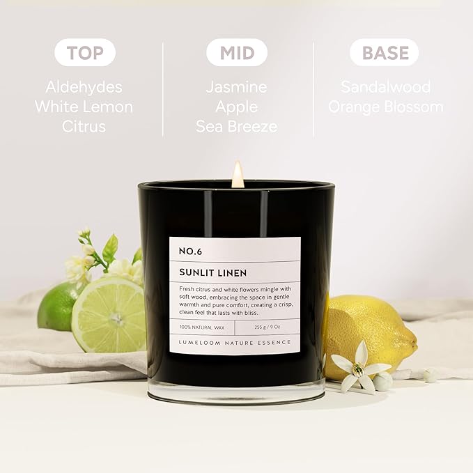 Sunlit Linen Luxury Scented Candles, 9oz Soy Wax Candles for Home Scented, Linen, Jasmine, White Lemon, Wood Scent, Long Burning Time, Christmas Gifts for Women, Friends, Men, Housewarming
