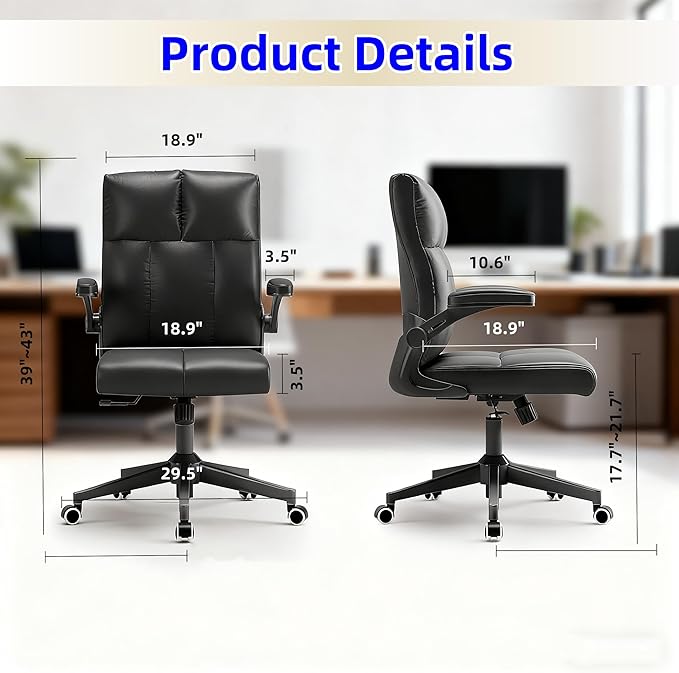 Computer Chair,Ergonomic Home Office Desk Chair with Space Saving Flip-Up Arms, 360° Swivel & Reclining Back, High-Back Executive Chair in Soft Faux Leather Chair Multi-Angle from 90° to 135°（Gray）