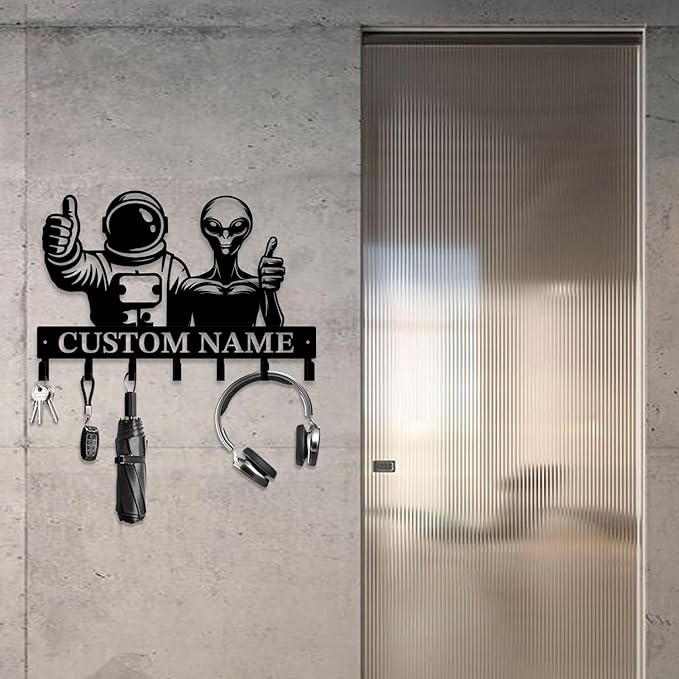 Personalized Custom Alien ET Metal Wall Keys Hooks,Clothes Hooks Alien ET Art coat racks,door holder,Black Alien ET decorations for home,Entrance doors,Hallway, Bedroom,Keys,Hats (Style N)
