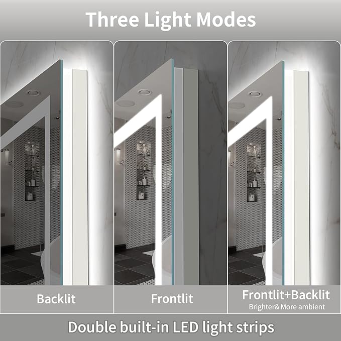 LED Mirror for Bathroom, 44x36 Inch Backlit + Front Lighted Bathroom Vanity Mirror with Lights for Wall, Double Light Strips, 3 Colors, Shatter-Proof, Anti-Fog and Brightness Memory