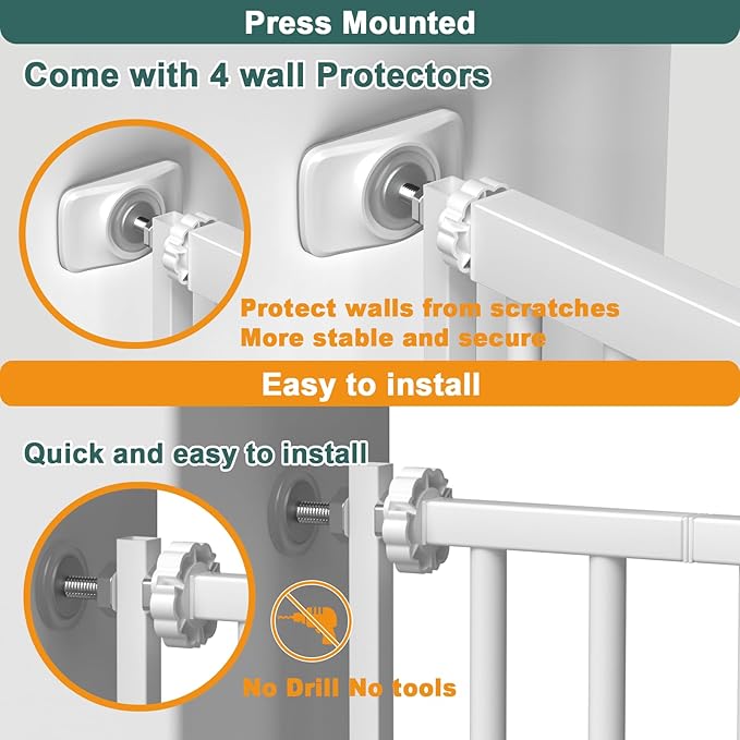 40.55" Tall 1.37" Ultra Narrow Spacing Dogs Pets Baby Gate for Doorway Hallway Safety Proof Indoor 34.05-45.86" Extra Wide Puppy Pressure Mounted No Drill Walk Through White Metal