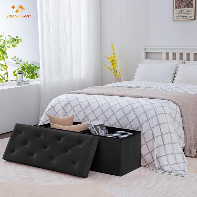 BRIAN & DANY 43 Inches Folding Storage Ottoman Bench, Velvet Ottoman with Storage for Living Room, Long Shoes Bench,Flannelette Footrest Benches Seat (Black)