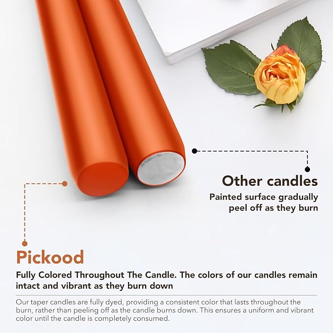 New Burning Formula Unscented Dripless 12-Inch Taper Candles Set of 12 - Burnt Orange, for Wedding, Dinner - Smokeless, Long Burning - Hand Poured, Colored Tall Candlesticks - Naranja Quemado