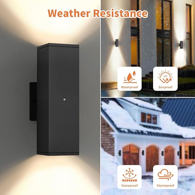 Dusk to Dawn Outdoor Lighting, LED Square Up and Down Outdoor Sconce Lights, Matte Black Exterior Lighting Fixtures with 7W LED Bulbs, Front Porch Lights for House, Garage, Patio, Doorway, 1 Pack