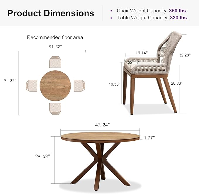 PURPLE LEAF 5 Pieces Round Dining Set Patio Aluminum Modern Oversize Round Table and Wicker Chairs with Cushions for Kitchen Porch Garden Outdoor Furniture Sets