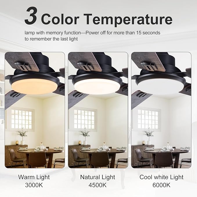 BOOMJOY 52 inch Ceiling Fans with Lights and Remote, Black Ceiling Fan with Light, Modern Ceiling Fan for Bedroom, Low Profile Outdoor Ceiling Fan for Patios, Reversible, 3 Color Memory LED, DC Motor