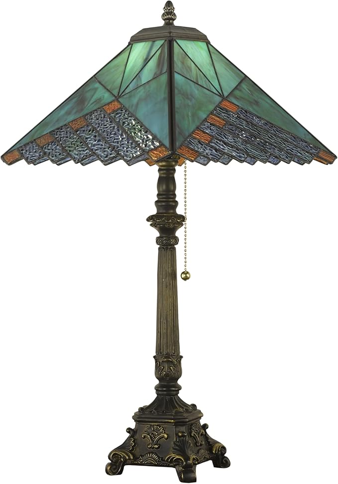 Tiffany Table Lamps Deep Blue Stained Glass Rhombus Checkered Style Mission Desk Lamp 12X12X24 Inch Bronze Resin Base