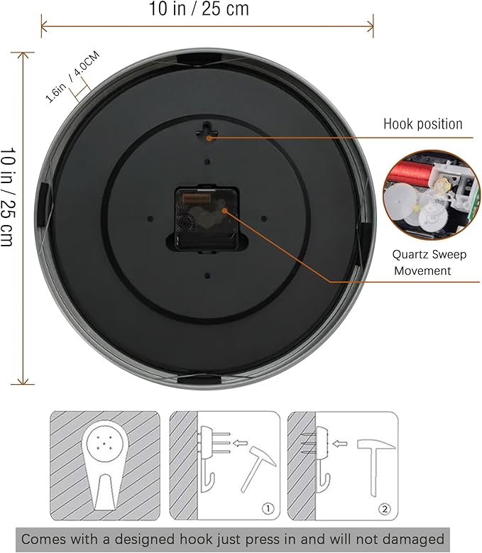 Non Ticking Silent Wall Clock Decorative,Analog Metal Wall Clock Battery Operated,Living Room/Office/Kitchen Clock,10 inch