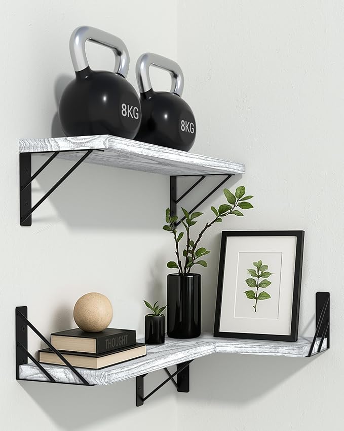 BAYKA Wall Shelves for Bedroom Decor, Floating Wall Shelves for Living Room Kitchen Storage, Mounted Rustic Wood Floating Shelves for Kids Books,Corner Shelves for Bathroom(Gray White，Set of 3)