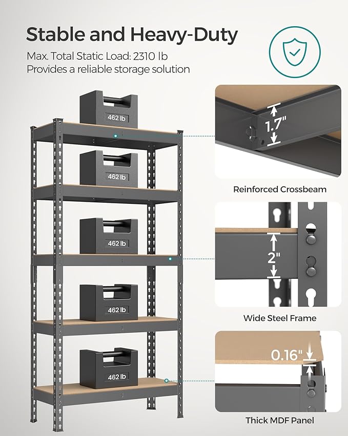 SONGMICS 5-Tier Storage Shelves, Load 2310 lb, Garage Storage, Boltless Assembly, Adjustable Shelving Unit, 11.8 x 29.5 x 59.1 Inches, for Study Shed Basement, Gray and Natural Beige UGLR300G01