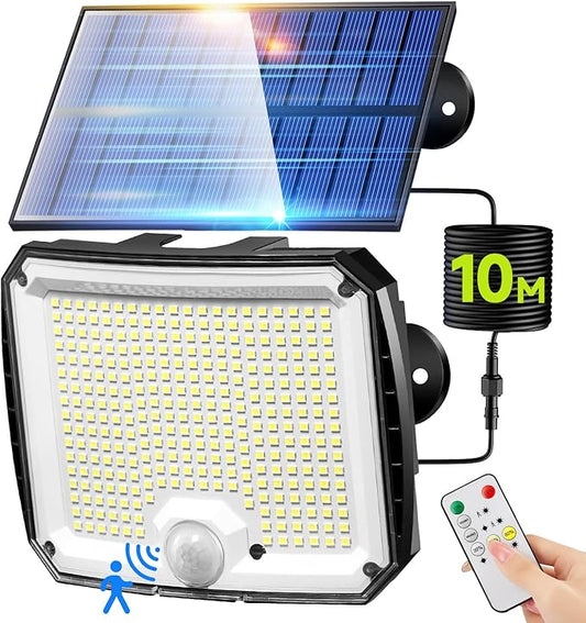 PIKOY Solar Lights Outdoor [318LED/10M/5 Modes] Security Lights Outdoor, Remote Control, IP65 Waterproof for Yard,Porch,Shed,Garage