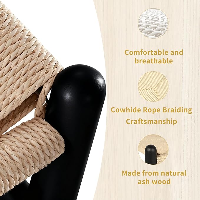 Wishbone Chair Natural Solid Wood Dining Chair/Hans Wegner Y Chair Rattan and Wood Accent Armrest Chairs - Ash Wood Chairs Set of 1 (Ash Wood - Black + Natural Color)