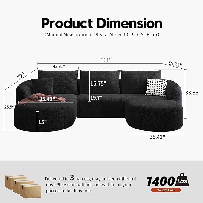 111" Modular Sectional Couches Luxury Modern Curved Back U-Shape Sofa Set with Ottoman,Minimalist Comfy Boneless Cloud Couch for Living Room Apartment,(Left Facing Chaise,Black)