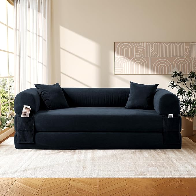 Convertible Futon Sofa Bed,80" Folding Pull Out Couch with Pillows & Storage Pocket, Oversized Queen Sleeper Sofa in a Box,Corduroy Boneless Couch for Living Room,Deep Blue