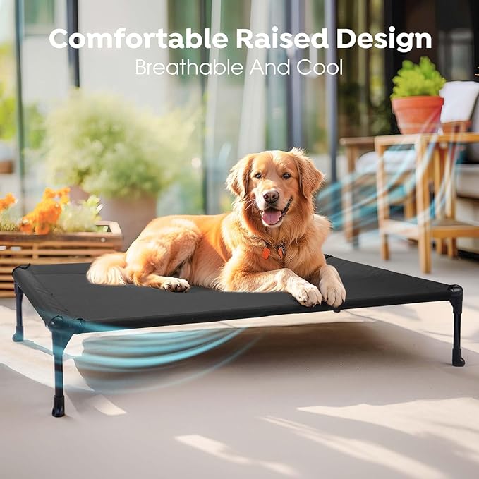 Veehoo Outdoor Elevated Dog Cot Bed, Cooling Raised Pet Bed for Small Dogs, Washable Breathable Mesh Hammock Bed with No-Slip Feet, Indestructible Ground Off Training Platform Cot-22"x17" Black