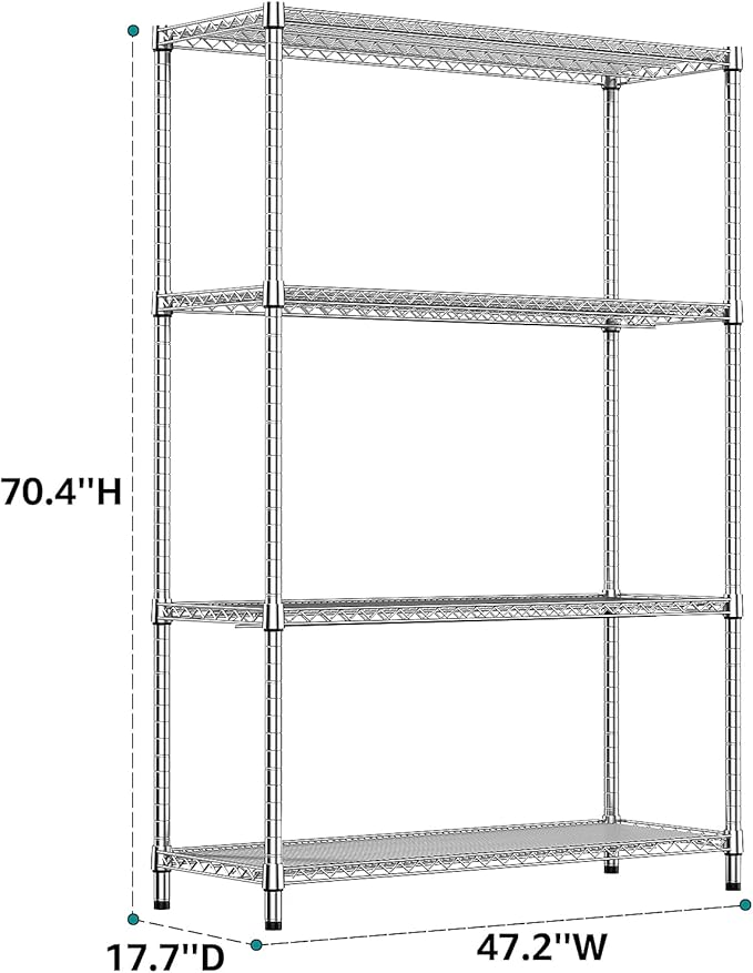 IZEUK 3400 LBS Garage Shelving Wide Storage Shelves 4 Tier Metal Shelves Heavy Duty Adjustable Utility Shelf Rack Chrome 17.7" D x 47.2" W x 70.4" H