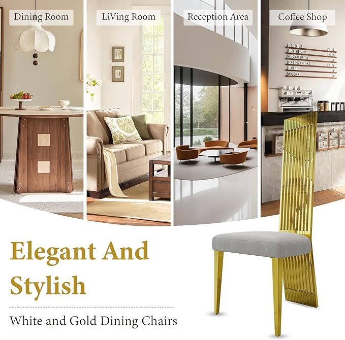 White and Gold Dining Chairs Set of 10, Upholstered Dining Room Chairs, Modern Luxury Chairs with High Back and Polished Gold Metal Legs for Kitchen/Living Room/Restaurant