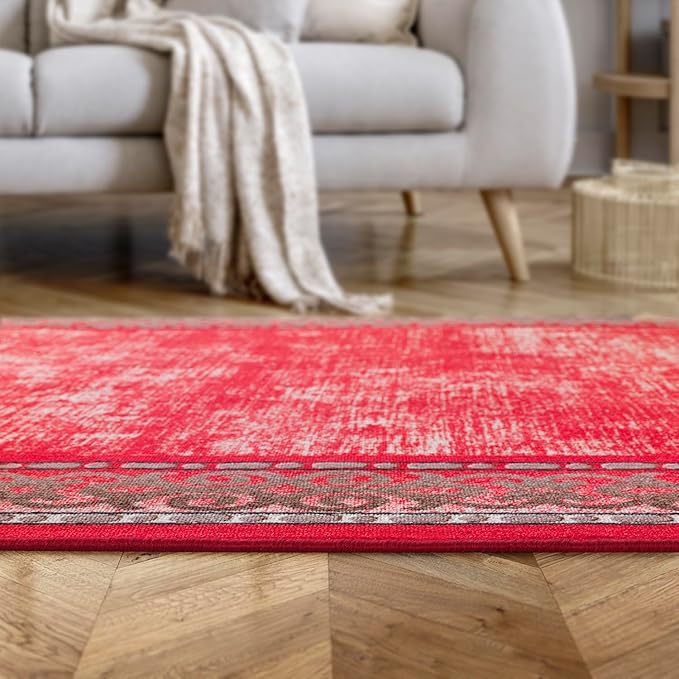 Antep Rugs Alfombras Bordered Modern 4x6 Non-Slip (Non-Skid) Low Pile Rubber Backing Indoor Area Rug (Red, 4' x 5'8")