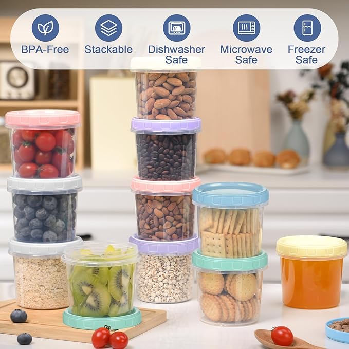 6pcs 10 oz Plastic Containers with Screw Lids, Reusable Clear Food Storage Containers with Pen and Brush for Snack Salad Fruit, Leakproof Small Freezer Containers, Microwave & Dishwasher Safe