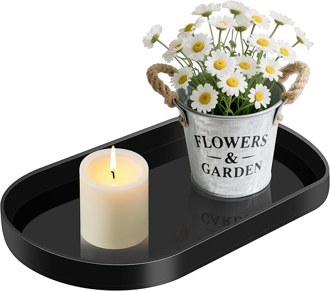 Acrylic Vanity Serving Tray–14"x8.5" Decorative Capsule Shape Tray for Bathroom, Dresser, Coffee Table – Sleek Minimalist Lucite Tray for Perfume, Jewelry, Makeup Organizer (1, Glossy Black)