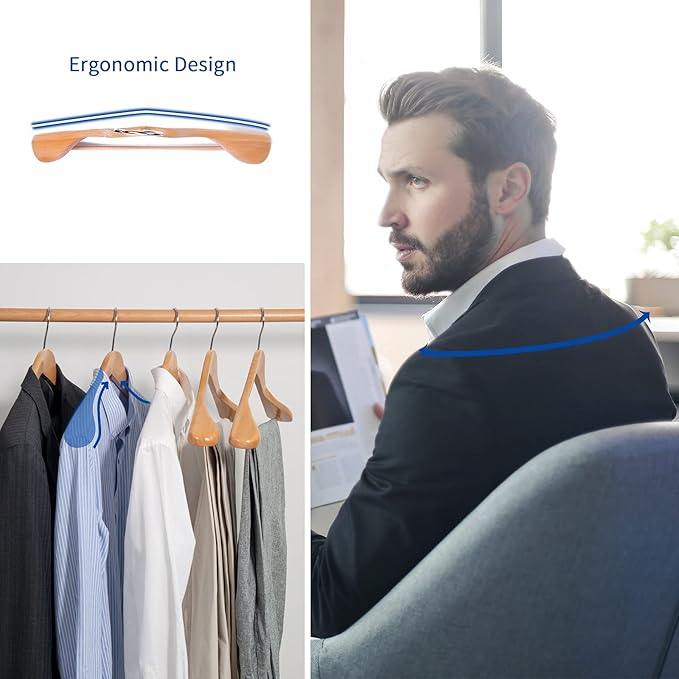 Nature Smile Luxury Natural Wooden Suit Hangers - 6 Pack - Wood Coat Hangers,Jacket Outerwear Shirt Hangers,Glossy Finish with Extra-Wide Shoulder, 360 Degree Swivel Hooks & Anti-Slip Bar with Screw
