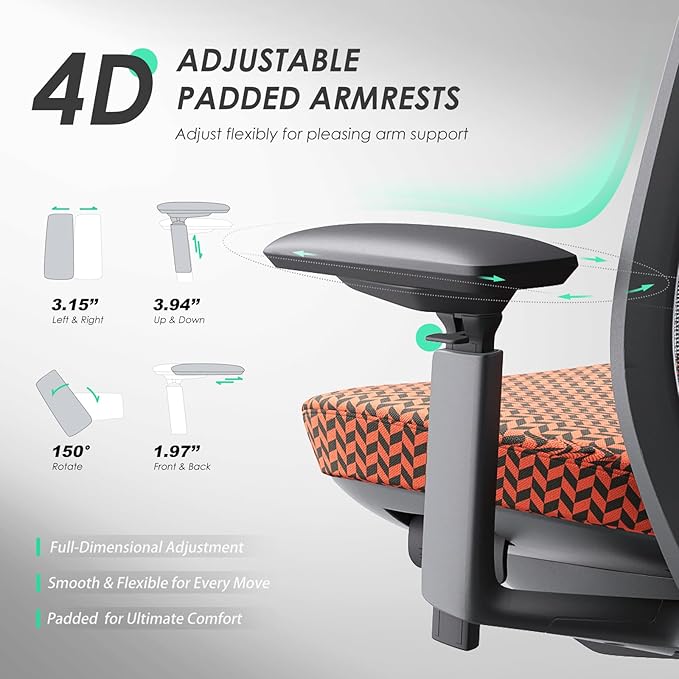 COLAMY Ergonomic Office Chair, Mesh Desk Chair with High Back, Lumbar Support, Adjustable Headrest and 4D Arms, Slide Seat, Tilt Lock-Coral