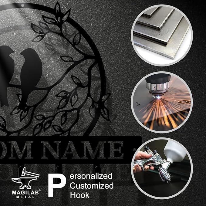 Personalized Custom Name Birds of Trees Wall Key Hooks,Metal Birds of Trees Art Clothes Hooks,Metal Birds of Trees Wall Home Storage Decorative,For Front Door, Hallway, Kitchen, Bedroom (Style F)