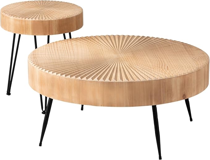 COZAYH 2-Piece Round Nesting Coffee Table Set, Natural Wood Top with Black Metal Legs, Radial Pattern – Rustic Farmhouse Accent for Living Room or Bedroom – Space-Saving Modern Furniture