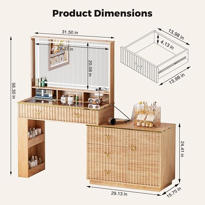 57“Makeup Vanity Desk with Mirror and Lights, Vanity Desk with 5 Drawers & Storage Shelves, Vanity Table with Power Outlet, 3 Color Modes & Adjustable Brightness Dressing Table, Bedroom,Oak