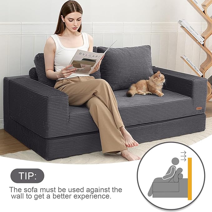 COMAX Convertible Sofa Bed Queen, Corduroy Folding Floor Couch Pull Out Couch Bed Futon Sleeper with Pillows, Fold Out Boneless Sofa Comfy Lounge Mattress Loveseat for Living Room Bedroom, Grey