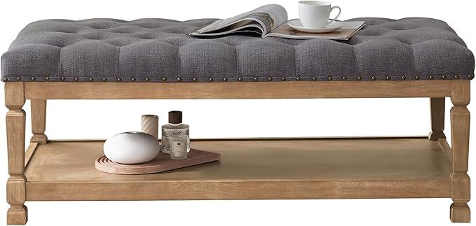 48" Ottoman Coffee Table with Storage, Rectangle Coffee Tables for Living Room, Fabric Tufted Ottomans, Upholstered Storage Ottoman Bench for Bedroom, Entryway (Grey)