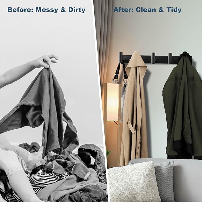 PMMASTO Coat Rack Wall Mounted, 5 "T Shaped Wall Hooks for Hanging, Heavy Duty Stainless Steel Coat Hook Rail for Hat Towel Robes in Bathroom Kitchen Mudroom Entryway (Black, 1 Pack)