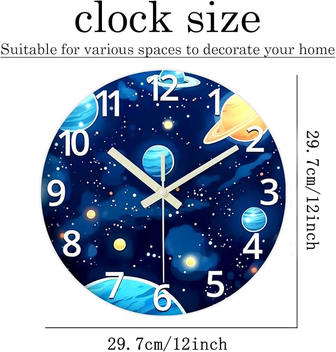 Small Glow in The Dark Wall Clocks Battery Operated 12 Inch Blue Kids Wall Clock Analog Round Silent Wall Clock Bedroom