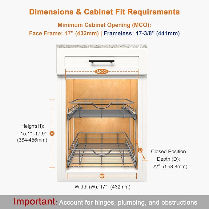 ALINE FURNITURE 2-Tier Pull Out Cabinet Organizer - 17" W x 22" D Soft Close Pullout Shelves with Shelf Liners - Slide Out Drawers for Kitchen Cabinets, Pantry, Bathroom, Heavy Duty Steel Wire Baskets