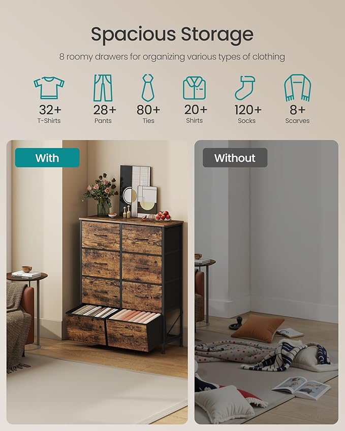 SONGMICS Dresser for Bedroom, Chest of Drawers, Steel, MDF, 8 Non-Woven Fabric Drawers, Storage Organizer Unit, Closet, Entryway, Rustic Brown and Ink Black ULGS124B02S