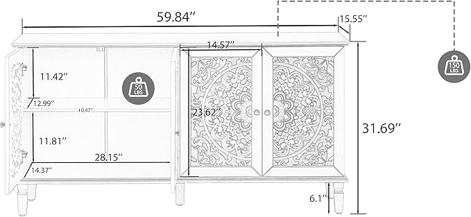 Retro 60'' Large Storage Cabinet Sideboard with 4 Hollow-Carved Doors and Adjustable Shelves, Acacia Wood Vintage Entryway Console Table TV Stand for Living Room Dining Room (Antique Green-LK)