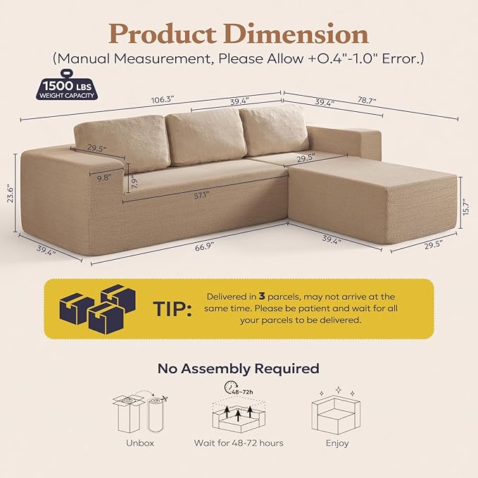 106" Modular Sectional Couch Left/Right Facing Convertible, L-Shape Modern Teddy Sofa, Deep Seat Upholstered Foam Couch for Living Room Bedroom, No Assembly Required (Camel, Teddy Boucle)