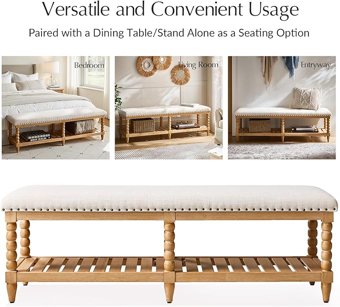 HULALA HOME Farmhouse Entryway Bench, 58" Fabric Bed Bench with Shelf, Solid Spindle Legs, Nailhead Trim Detail for Bedroom, Living Room, Hallway, Ivory