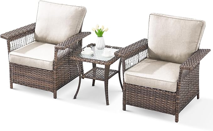 Wicker Outdoor Chairs Set - 3 Pieces Hollow Widen Armrests Patio Furniture Set with Side Table, Comfortable High Back Rattan Chairs for Balcony Porch Deck and Yard - Brown/Beige
