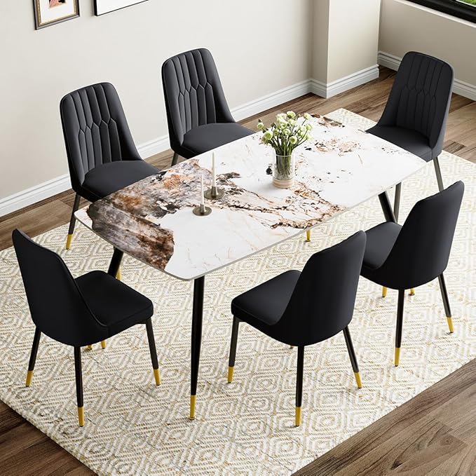 6 Person Dining Table Set, Sintered Stone Dining Table Set for 6, Kitchen Table Chairs Set of 6, Easy to Assemble