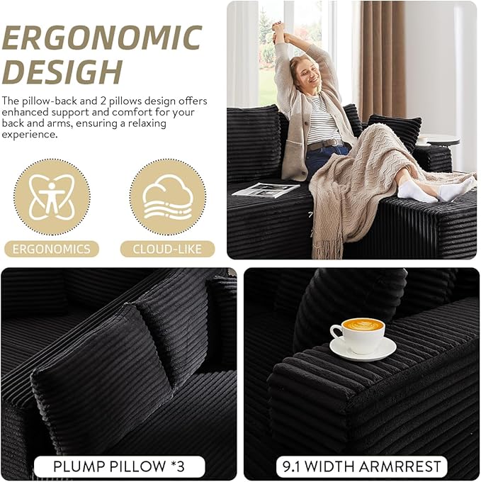 104 Inch Cloud Sectional Couch with L-Shape Chaise,Modern Upholstered Couches with Deep Seat,Corduroy Sponge Compressed Sofa for Living Room, Bedroom,No Assembly Required(Black)