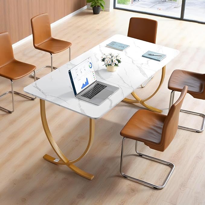 VEVOR Executive Desk, 63" W x 31.5" D Large Office Desk, Modern Computer Table Conference Meeting Room Table, Business Furniture Enlarged Desktop for Home Office, White and Gold