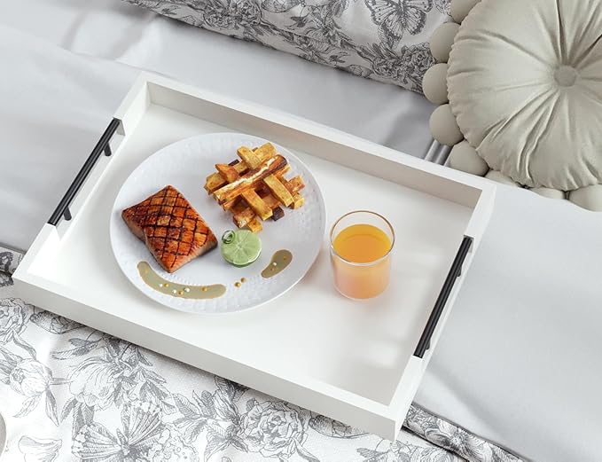 Bamboo Serving Tray with Metal Handles,17x12in Ottoman Decorative Trays Platter for Coffee Table,Living Room,Bar,Party,Large(White)