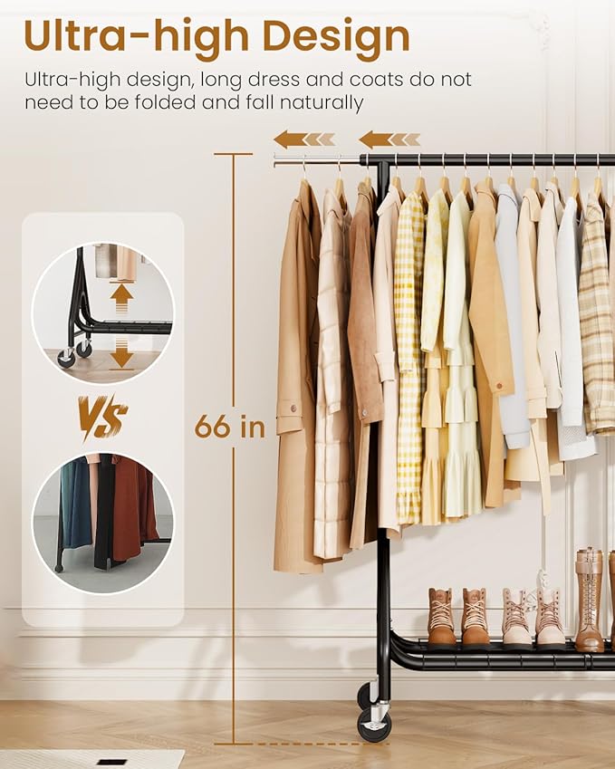 Heavy Duty Garment Rack, Metal Clothes Rack Load 450 LBS, Rolling Clothing Racks for Hanging Clothes with Lockable Wheels, Wardrobe Closet Coat Racks for Bedroom, Black